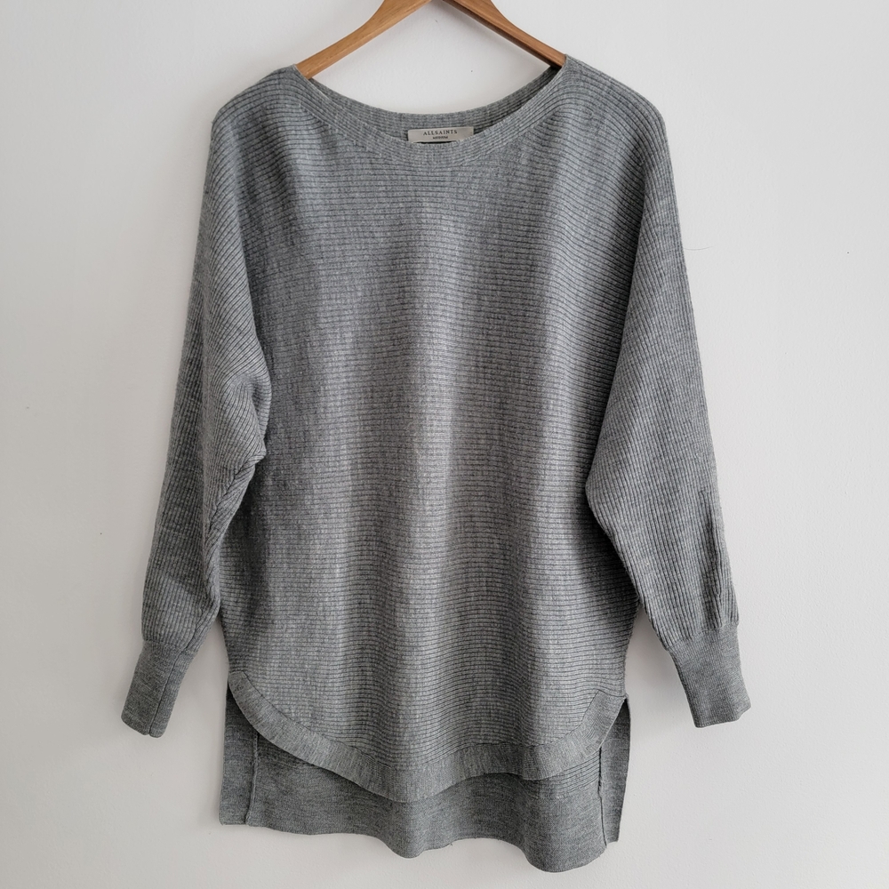 All Saints Merino Gray Crew Neck Ribbed Hi Low Scoop Front Sweater M